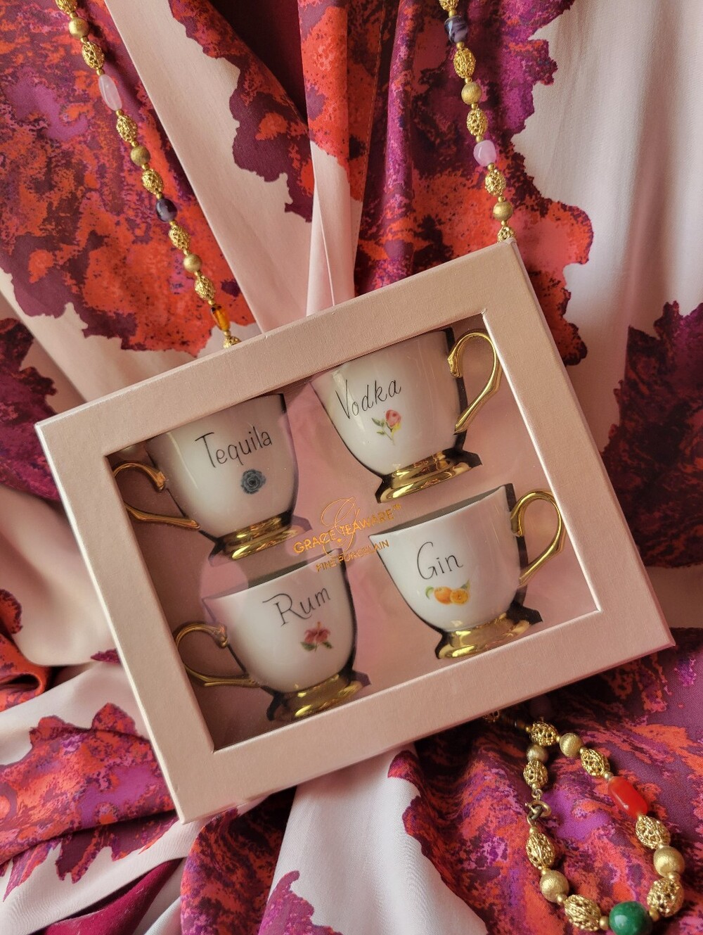Grace Liqueur Cup Set in Pink and Gold – 4-Piece Tequila, Vodka, Rum, Gin